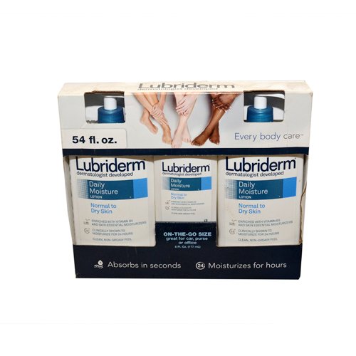 3pcs Lubriderm Daily Moisture Hydrating Unscented Body Lotion with Vitamin B5 for Normal to Dry Skin, Non-Greasy and Fragrance-Free Lotion. 54 fl. oz